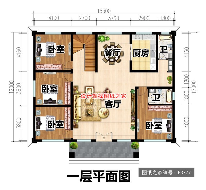 开间15.5米进深12米二层新中式风带大露台 1层户型图