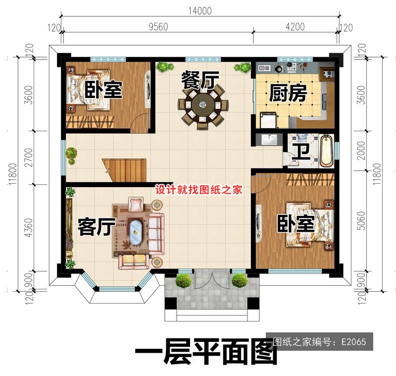 开间14米进深11.8米二层简欧风带车库 1层户型图