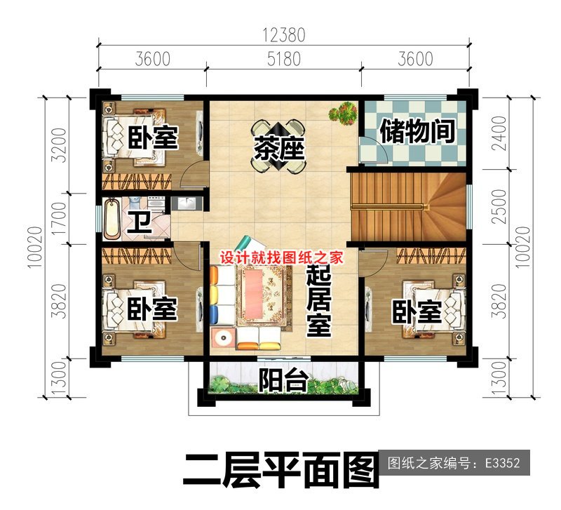 开间12.38米进深10.02米二层新中式风带茶座 2层户型图