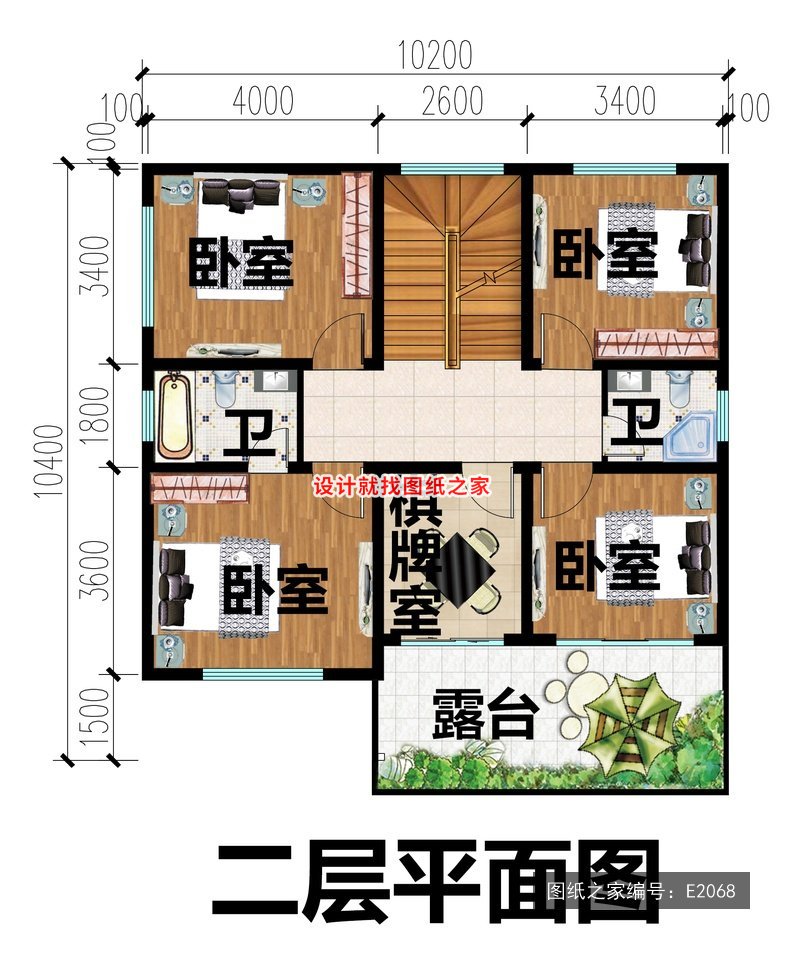 开间10.2米进深10.4米二层简欧风带大露台 2层户型图
