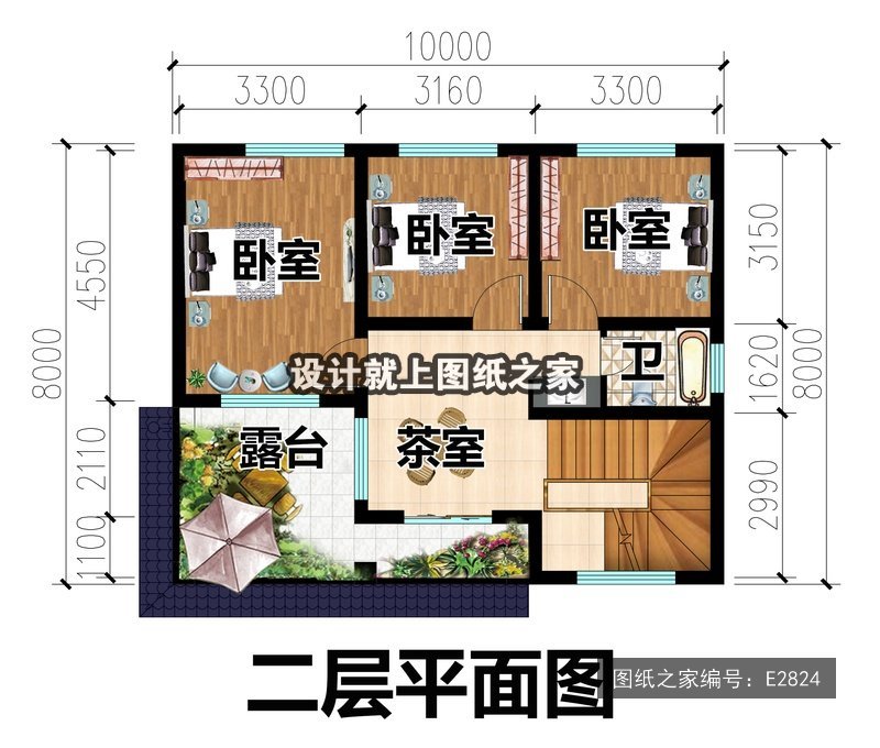开间10米进深8米二层简欧风带大露台 2层户型图