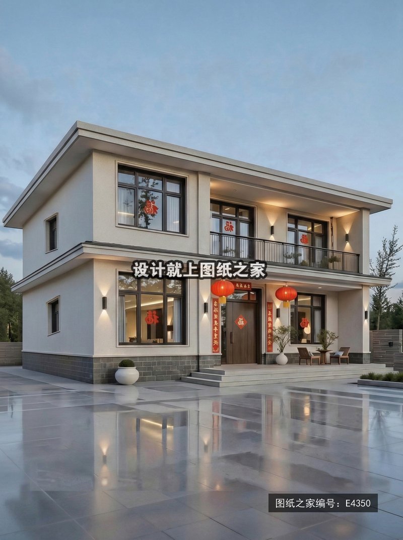 开间12米进深10米二层新中式风平屋顶无罗马柱 效果图