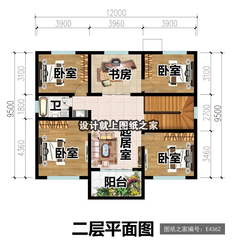 开间12米进深9.5米二层新中式风官帽房 2层户型图