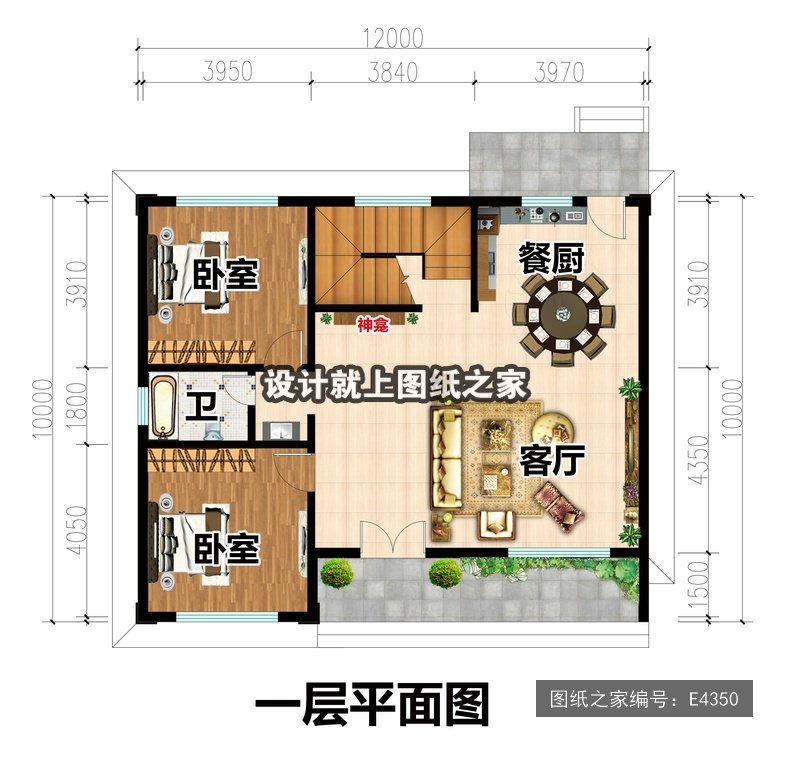开间12米进深10米二层新中式风平屋顶无罗马柱 1层户型图