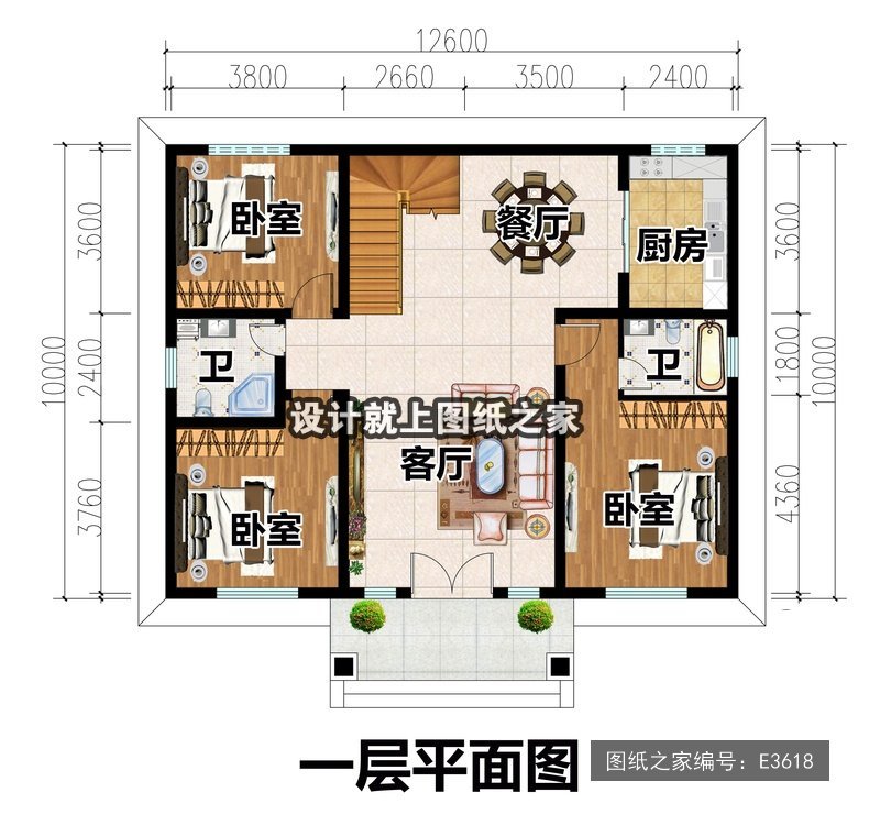 开间12.6米进深10米二层现代风带露台 1层户型图