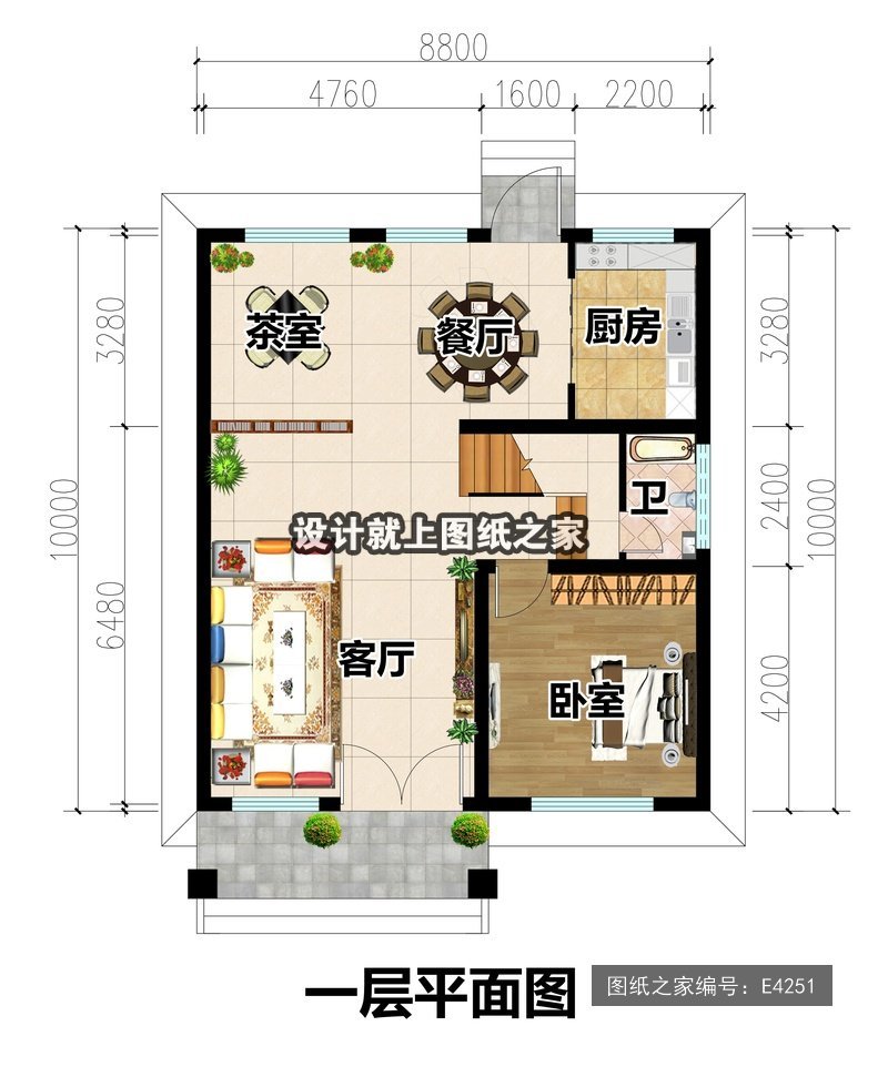 开间8.8米进深10米二层现代风带大露台 1层户型图