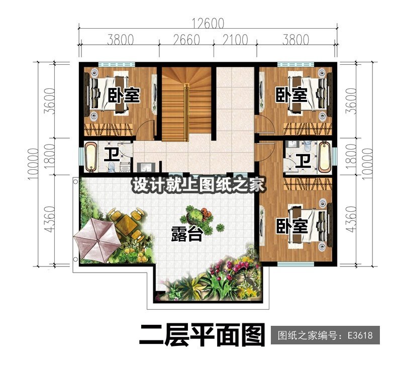 开间12.6米进深10米二层现代风带露台 2层户型图