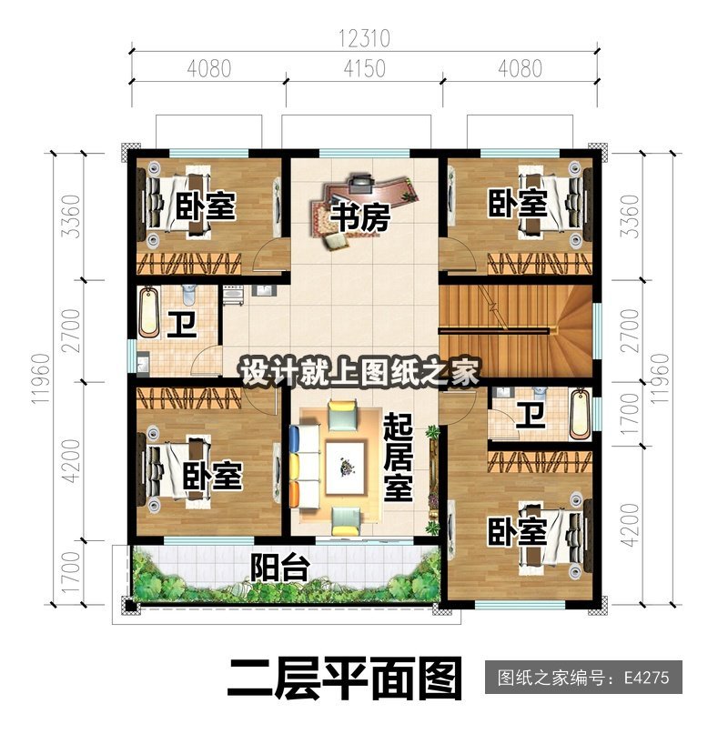 开间12.31米进深11.96米二层现代风带阳台 2层户型图