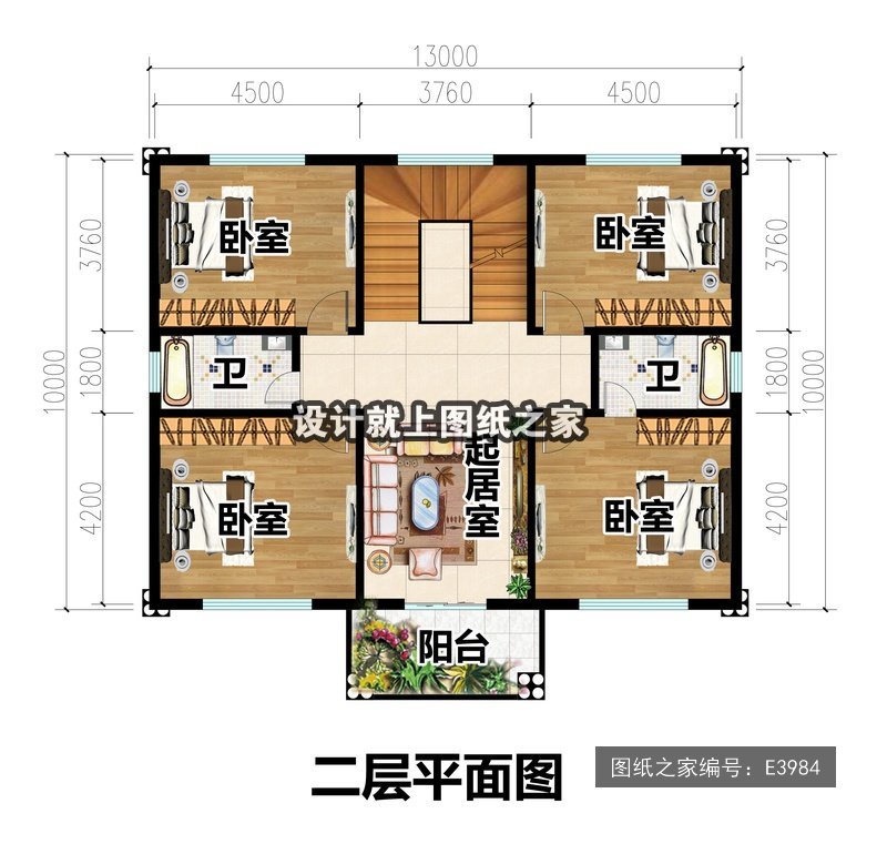 开间13米进深10米二层简欧风带罗马柱 2层户型图