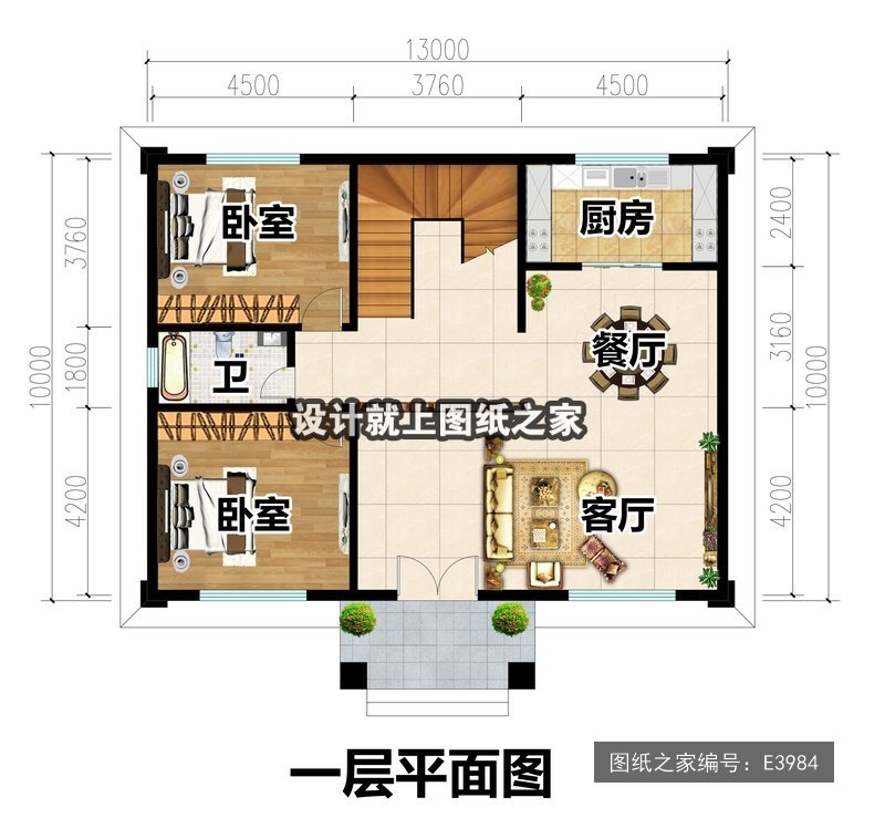 开间13米进深10米二层简欧风带罗马柱 1层户型图