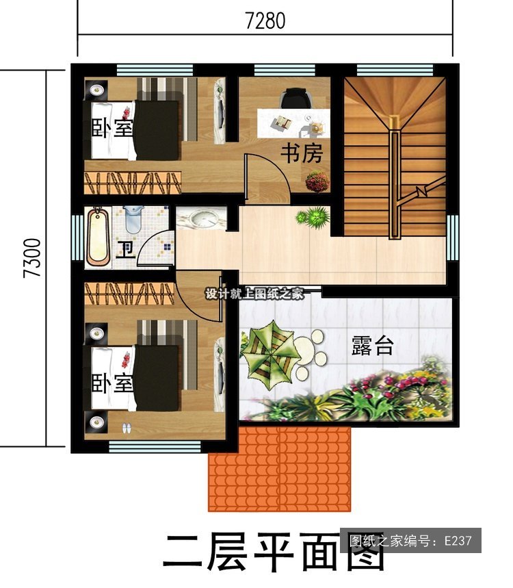开间7.28米进深11.2米二层简欧风两开间带阳台 2层户型图
