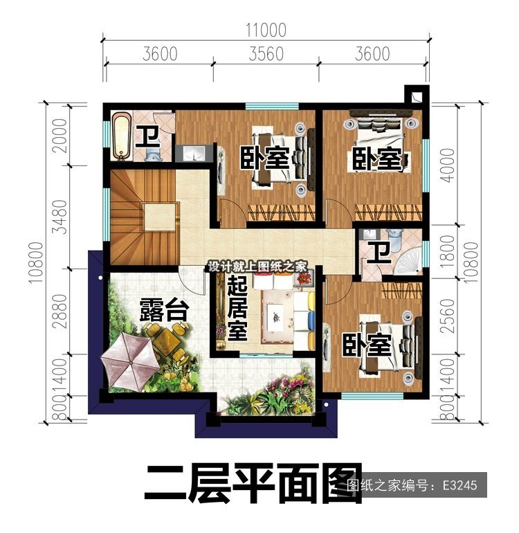 进深10.8米二层简欧风带露台两开间 2层户型图
