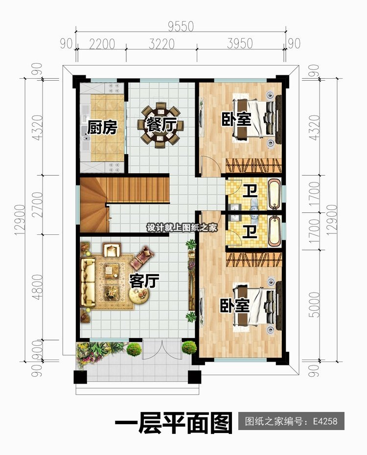 开间9.55米进深12.9米二层简欧风两开间带阳台 1层户型图