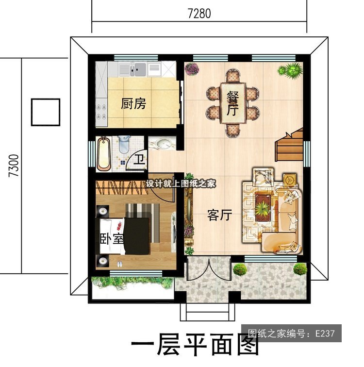 开间7.28米进深11.2米二层简欧风两开间带阳台 1层户型图