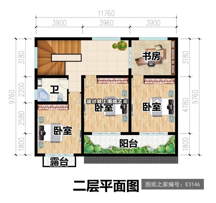 开间11.76米进深9.76米二层新中式无罗马柱带阳台 2层户型图