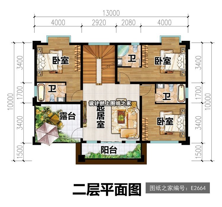 开间13米进深10米二层新中式带车库带架空 3层户型图