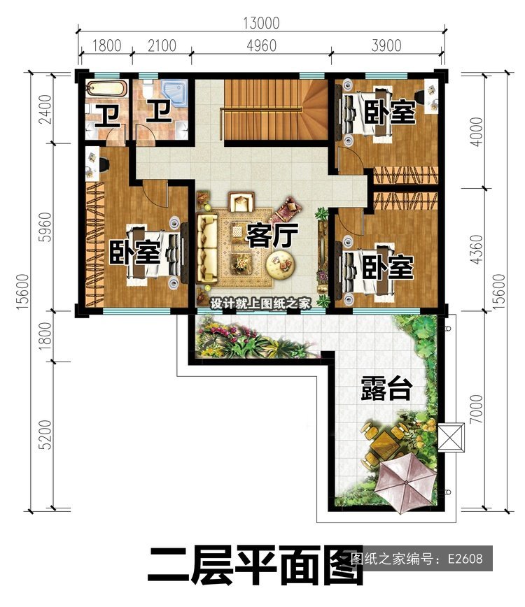 开间13米进深15.6米二层简欧风带配房带阳台 2层户型图