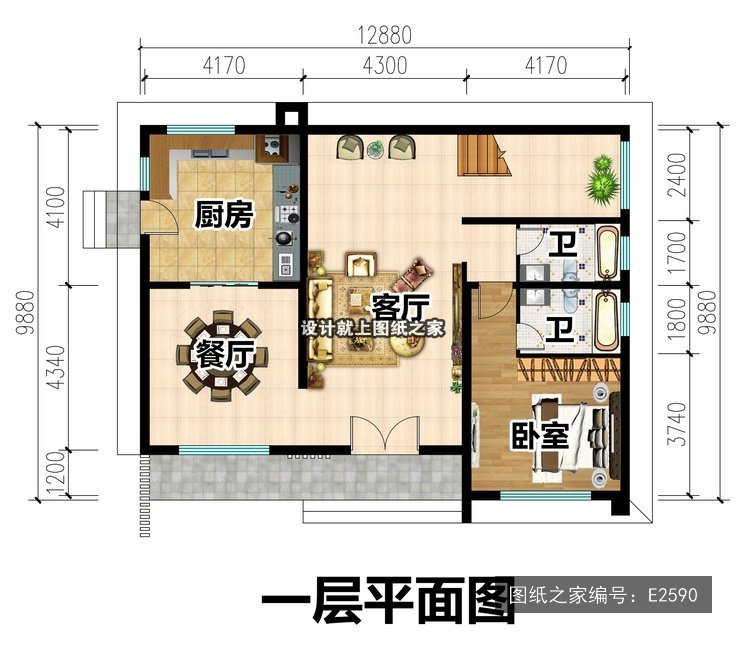 开间12.88米进深9.88米二层现代风平屋顶带露台 1层户型图