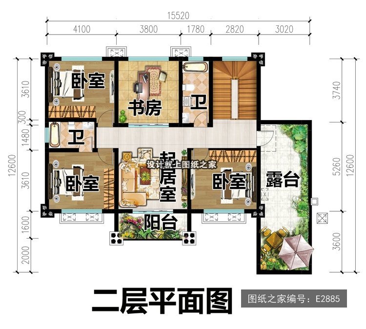 开间15.52米进深12.6米二层简欧风带配房带阳台 2层户型图