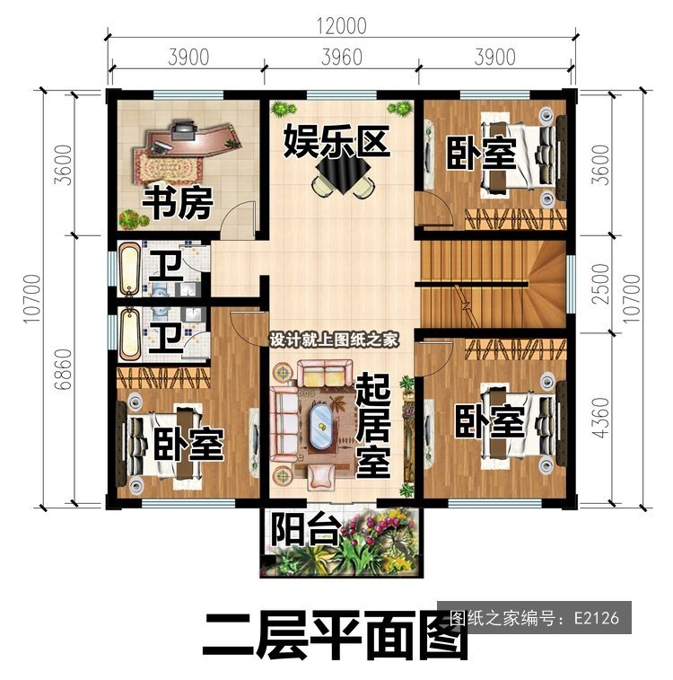 开间12米进深10.7米二层新中式两开间带阳台 2层户型图