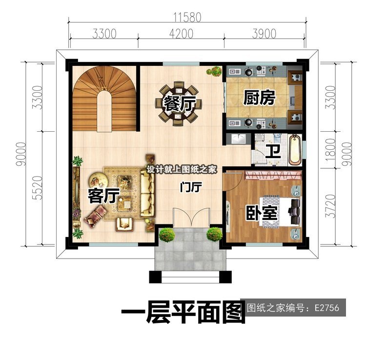 开间11.58米进深9米二层现代风带阳台带车库 1层户型图