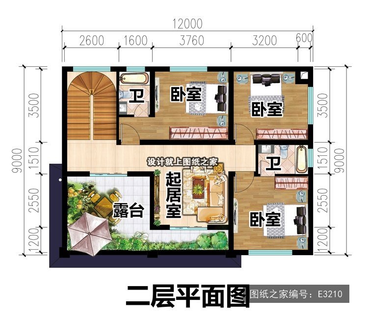 开间12米进深9米二层简欧风带阳台带露台 2层户型图