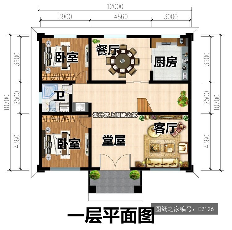 开间12米进深10.7米二层新中式两开间带阳台 1层户型图
