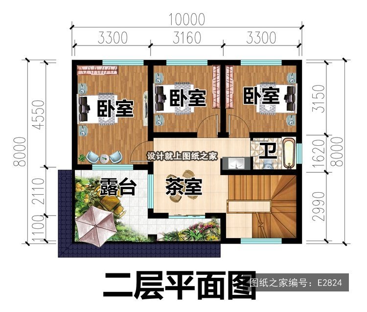 进深8米二层简欧风两开间带阳台 2层户型图