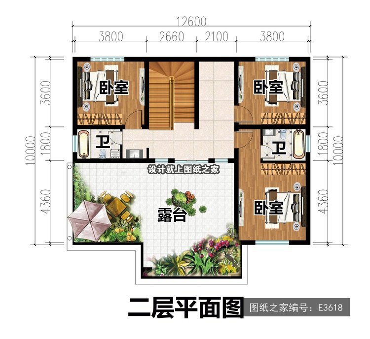 进深10米二层现代风带露台两开间 2层户型图