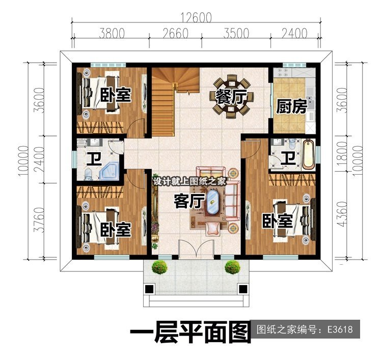 进深10米二层现代风带露台两开间 1层户型图