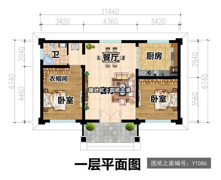 开间11.44米进深6.74米一层简欧风两开间无罗马柱 1层户型图