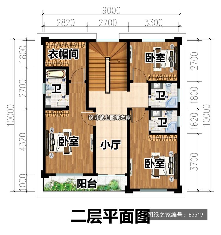 开间9米进深10米二层简欧风无罗马柱，平屋顶 2层户型图