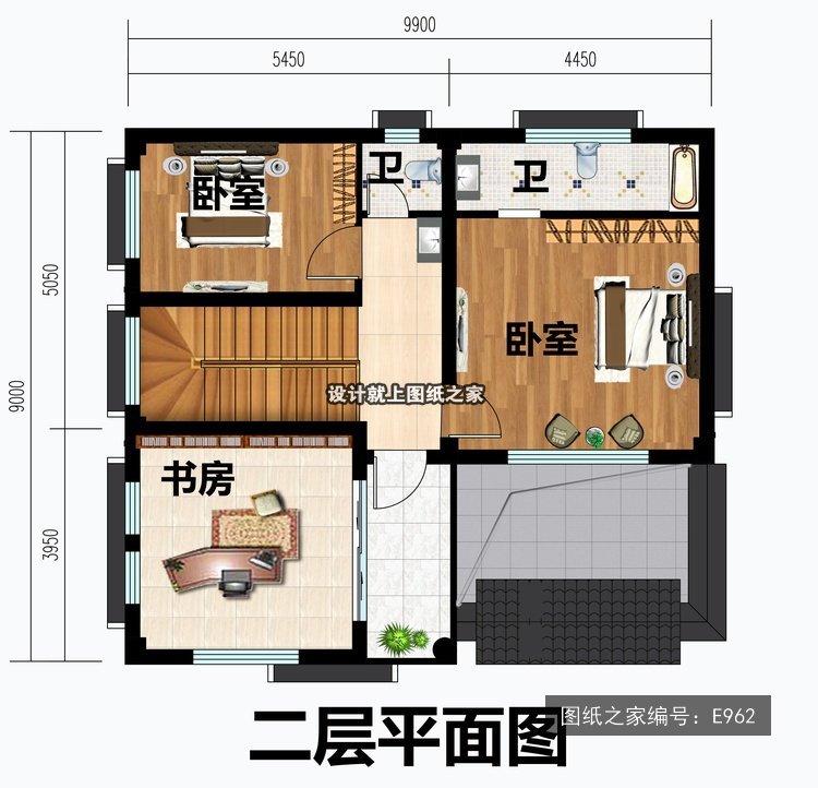 开间9.9米进深9米二层新中式两开间带车库 2层户型图
