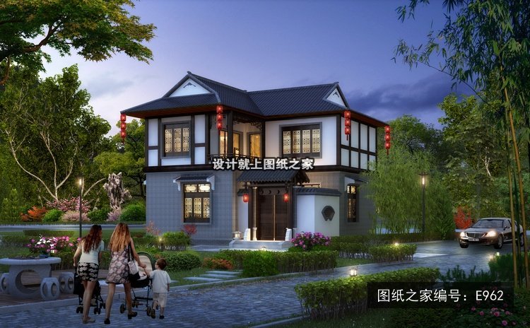 开间9.9米进深9米二层新中式两开间带车库 效果图
