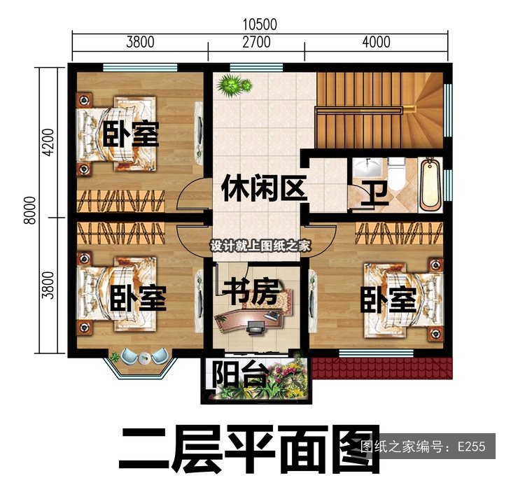 开间10.5米进深8米二层简欧风两开间带阳台 2层户型图