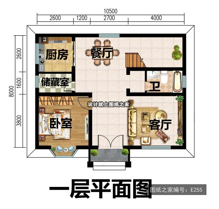 开间10.5米进深8米二层简欧风两开间带阳台 1层户型图