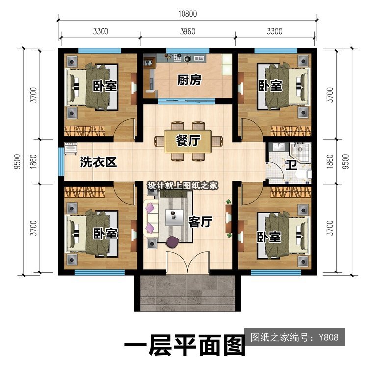 开间10.8米进深11米一层新中式平屋顶无罗马柱 1层户型图