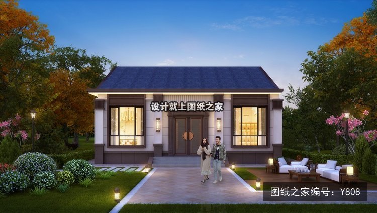 开间10.8米进深11米一层新中式平屋顶无罗马柱 效果图