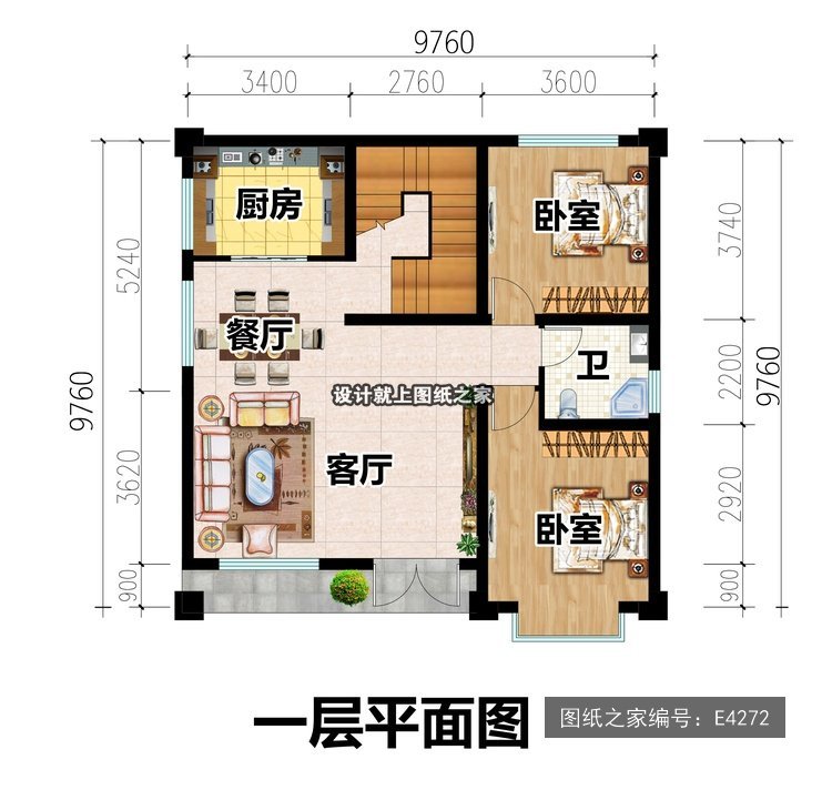 开间9.76米进深9.76米二层简欧风无罗马柱大露台 1层户型图