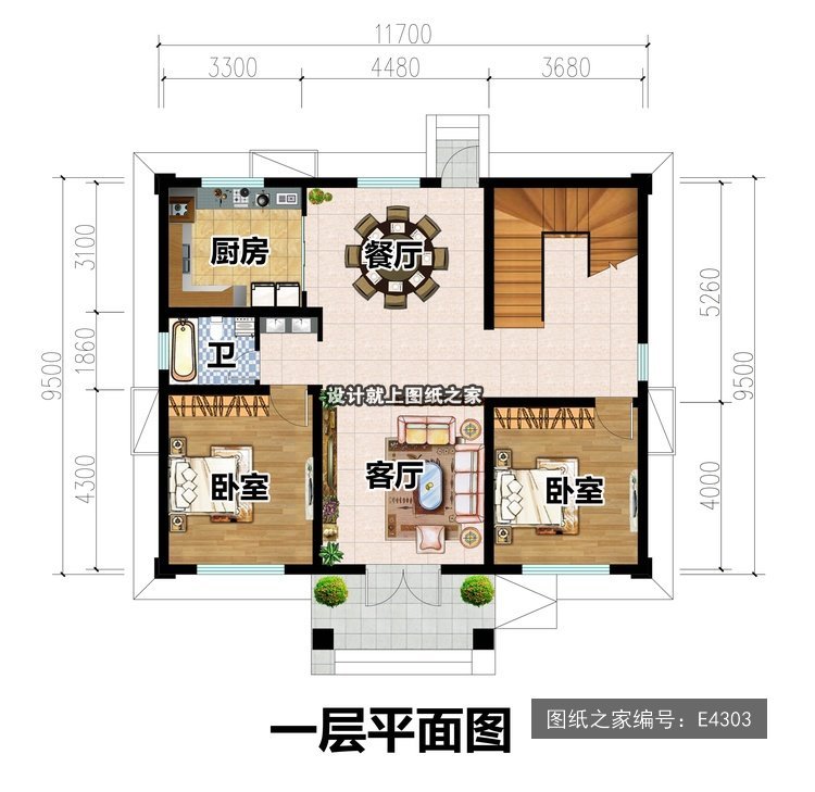 开间11.7米进深9.5米二层简欧风带车库 1层户型图