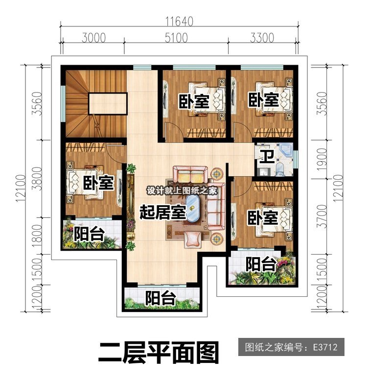 开间11.64米进深12.1米二层简欧风带阳台带车库 2层户型图
