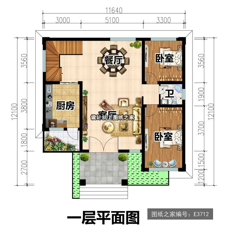 开间11.64米进深12.1米二层简欧风带阳台带车库 1层户型图
