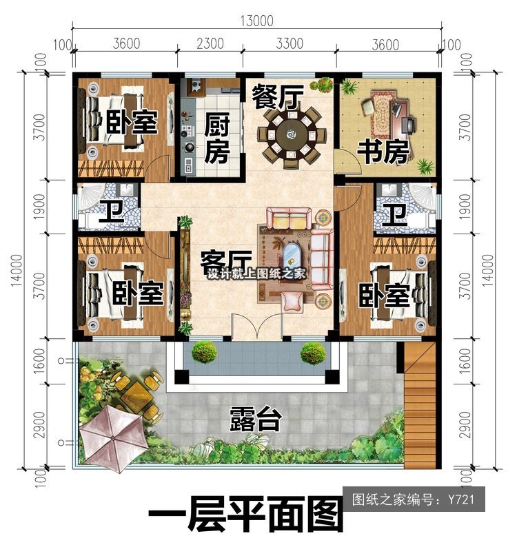 开间13米进深14米一层现代风带架空官帽房带架空 2层户型图