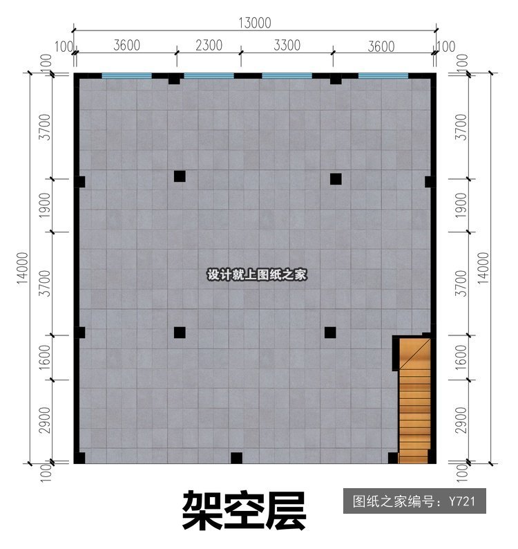 开间13米进深14米一层现代风带架空官帽房带架空 1层户型图