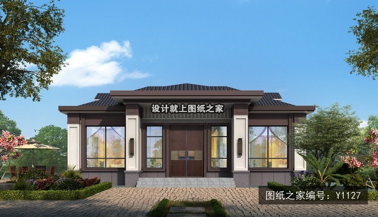 开间9.26米进深12.26米一层新中式官帽房 效果图