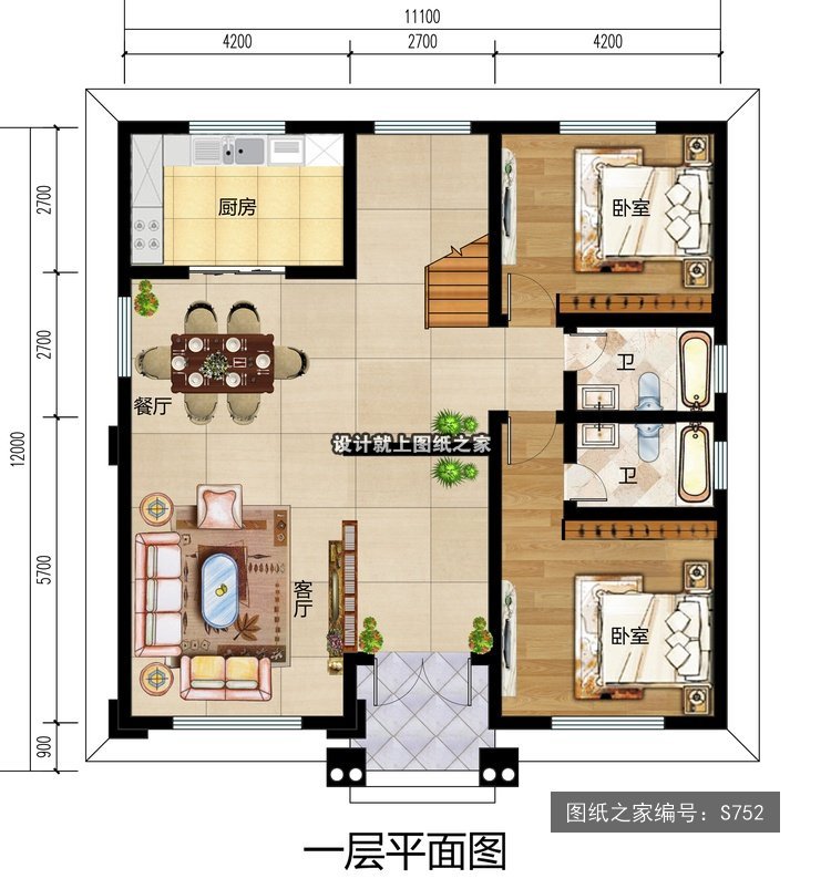 开间11.1米进深12米三层简欧风带车库带阳台 3层户型图