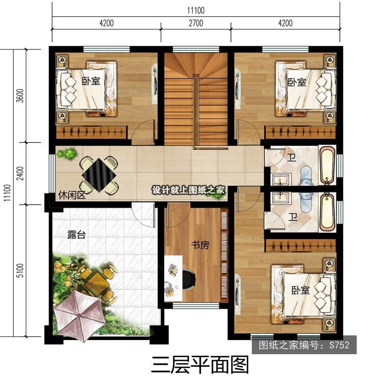 开间11.1米进深12米三层简欧风带车库带阳台 5层户型图