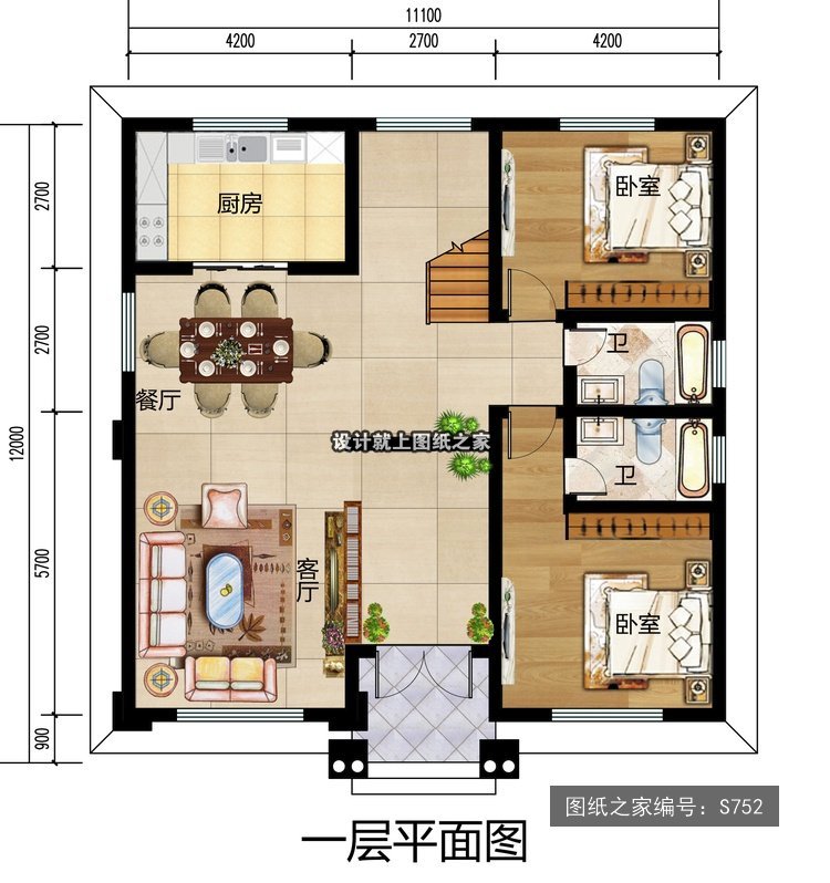 开间11.1米进深12米三层简欧风带车库带阳台 6层户型图
