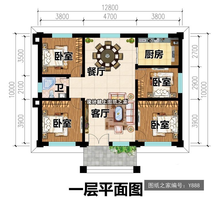开间12.8米进深10米一层简欧风官帽房 1层户型图