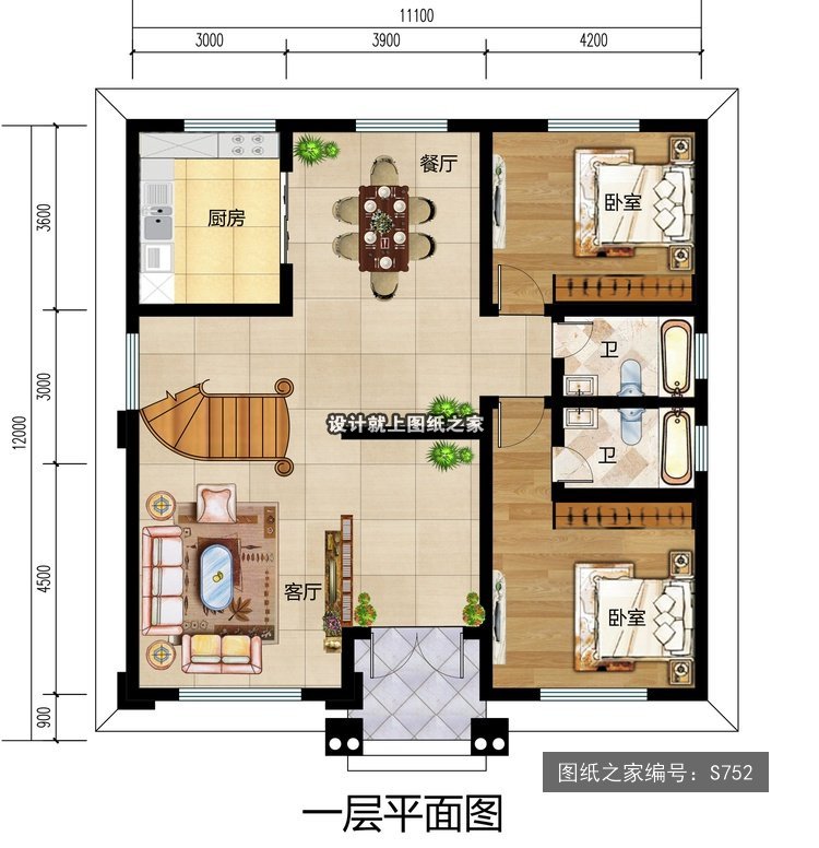 开间11.1米进深12米三层简欧风带车库带阳台 9层户型图